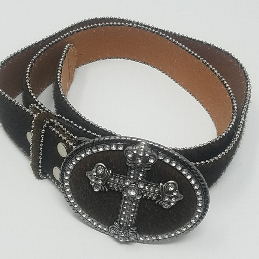 Brown Leather & Hair Belt Jewel Cross Belt Buckle